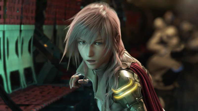 Lightning from the Final Fantasy video game series in armor, gripping her weapon and staring determinedly amid dim, industrial surroundings.