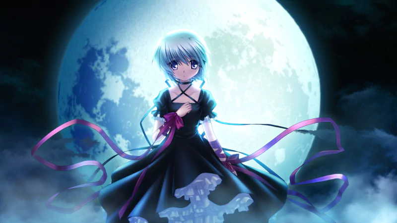 Anime image from Rewrite: silver-blue haired girl in a black lace dress stands before a glowing full moon, ribbons and mist swirling around her.