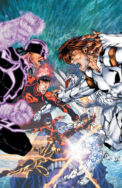 A dynamic comic scene featuring Conner Kent as Superboy, Tim Drake as Red Robin, Kid Flash, and Dawnstar, showcasing an intense battle within the Teen Titans universe.