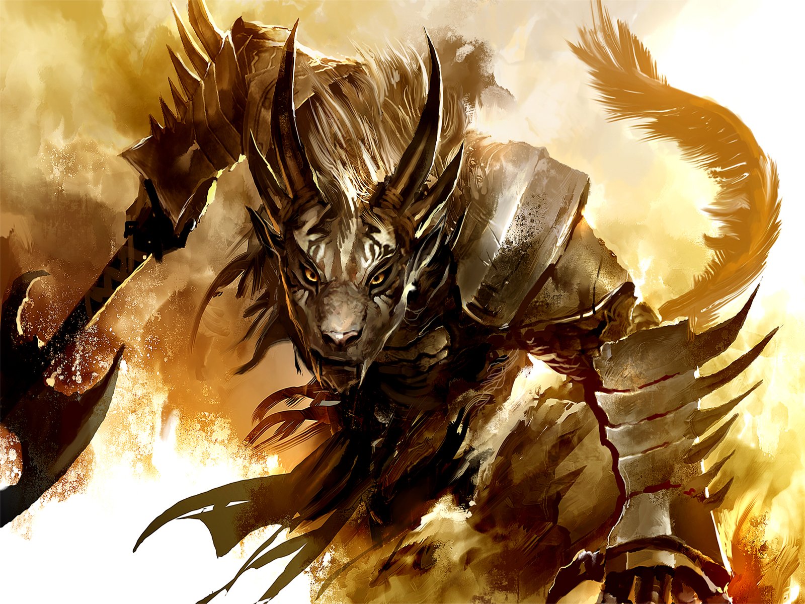 A fierce, armored character from the video game Guild Wars 2 charges forward, showcasing intricate details and a dynamic pose in a vibrant, dramatic backdrop.