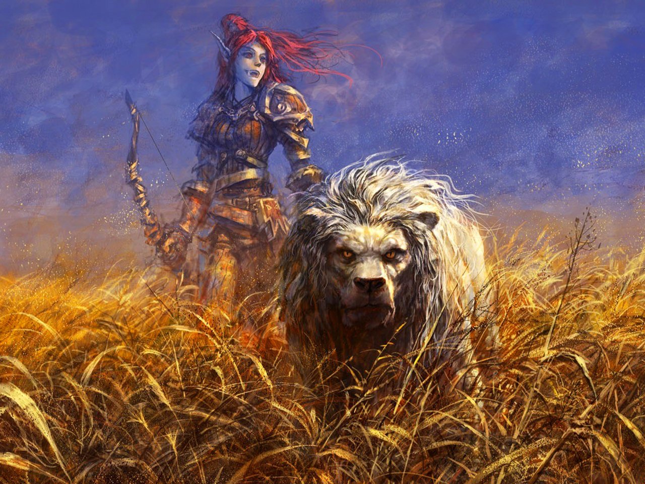 A fierce warrior from Warcraft stands confidently in a golden field, accompanied by a majestic lion, embodying the spirit of adventure and camaraderie in the game.