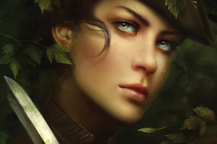 A woman with striking blue eyes, partially obscured by leaves, holds a knife. Her intense gaze and fantasy-inspired attire suggest a fierce and adventurous spirit.