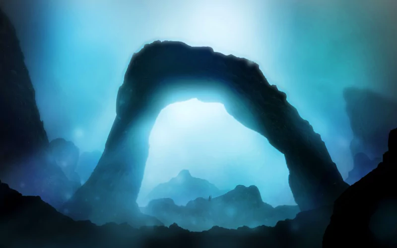 A misty fantasy landscape featuring a large, natural stone archway glowing with ethereal blue light, surrounded by jagged rocks and a mysterious atmosphere.