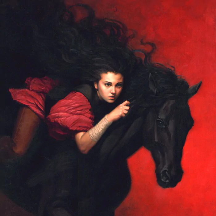 A fantasy scene features a woman with long, flowing hair riding a sleek black horse, set against a dramatic red backdrop, conveying a sense of adventure and intensity.