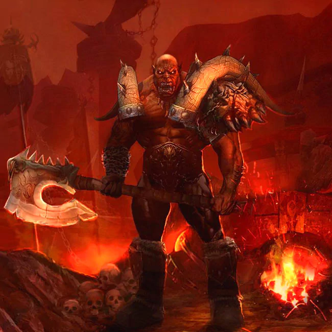 A fierce warrior from the Warcraft universe stands confidently in a fiery landscape, wielding a large axe and adorned in intimidating armor, embodying the game's epic battle spirit.