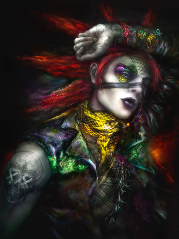 A striking fantasy-inspired portrait features a figure with vibrant rainbow hair and dark, edgy attire, set against an ethereal, multicolored backdrop that enhances its dramatic allure.