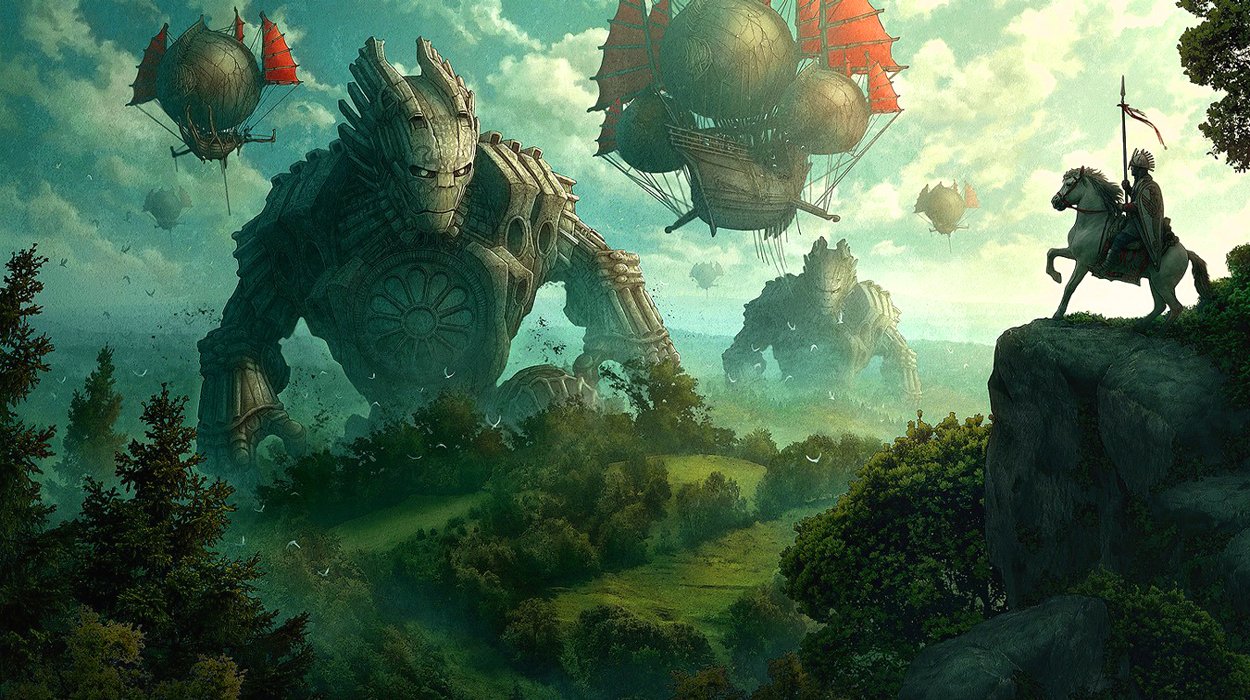 A breathtaking fantasy landscape featuring towering stone giants and airships soaring over lush hills, with a lone knight on horseback observing the epic scene.