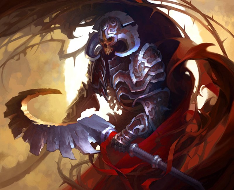 A dark, undead warrior clad in heavy armor wields a large, curved weapon, surrounded by swirling shadows and eerie light.