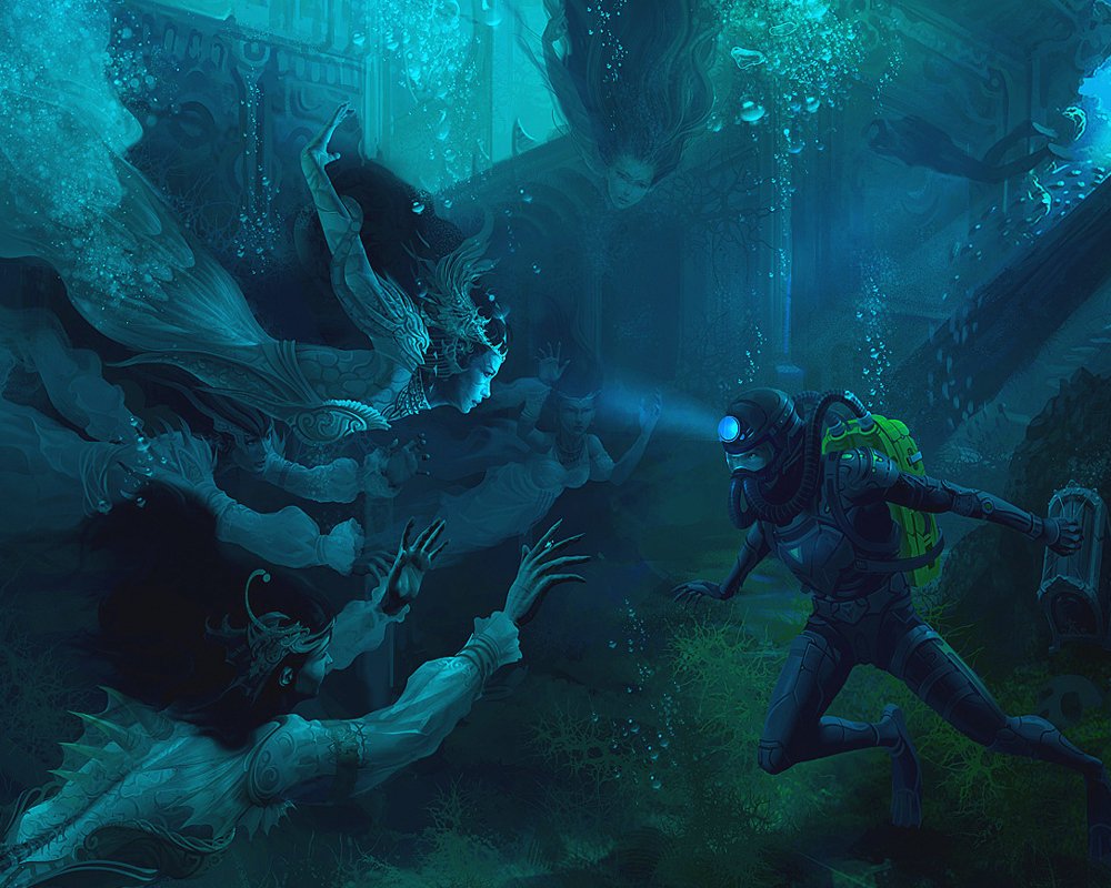 A diver explores a dark underwater scene, encountering ghostly apparitions amidst ancient ruins, illuminated by the diver's flashlight, creating a haunting atmosphere.