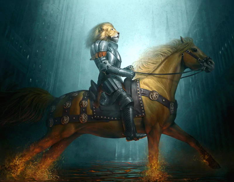 A fantasy warrior with a lion's head rides a gallant horse through a misty, enchanting landscape, exuding power and courage. Elements of strength and adventure shine through.