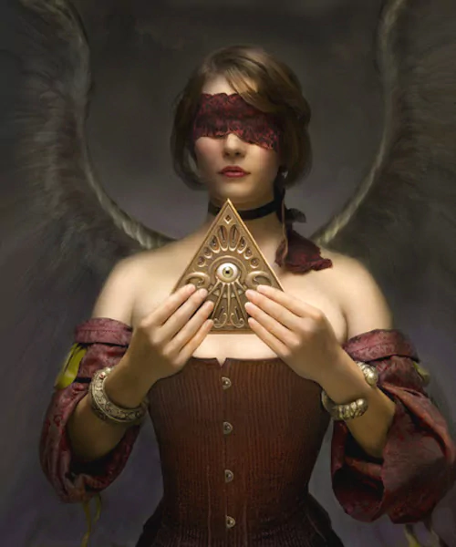 A blindfolded angel stands gracefully, holding a mystical triangle, with elaborate wings framing her figure, embodying a captivating blend of fantasy and mystery.