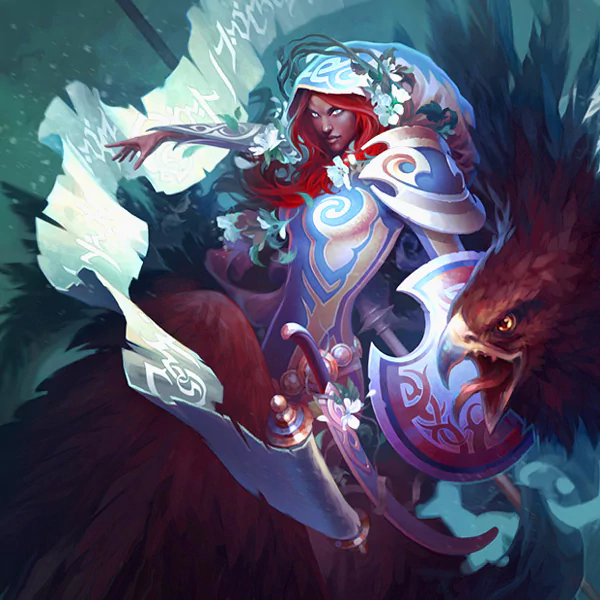 A fierce warrior adorned in intricate armor rides a majestic eagle, surrounded by swirling magical energy, embodying the essence of fantasy and magic.