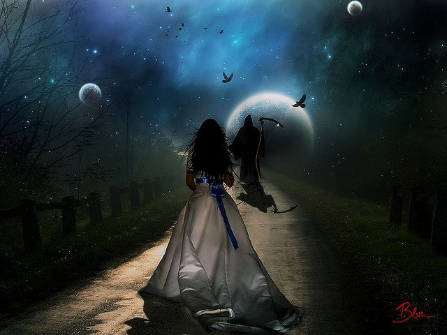 A dark, atmospheric scene shows a woman in a white gown with a blue ribbon walking away from a grim reaper along a winding path under a starry sky and distant planets.