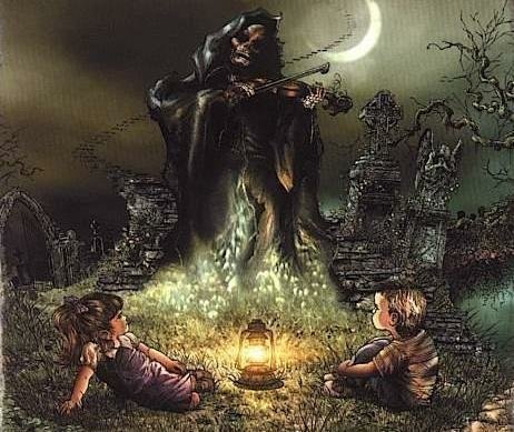 A dark scene features the Grim Reaper playing the violin under a crescent moon, captivating two children seated by a lantern amidst an eerie, overgrown graveyard.