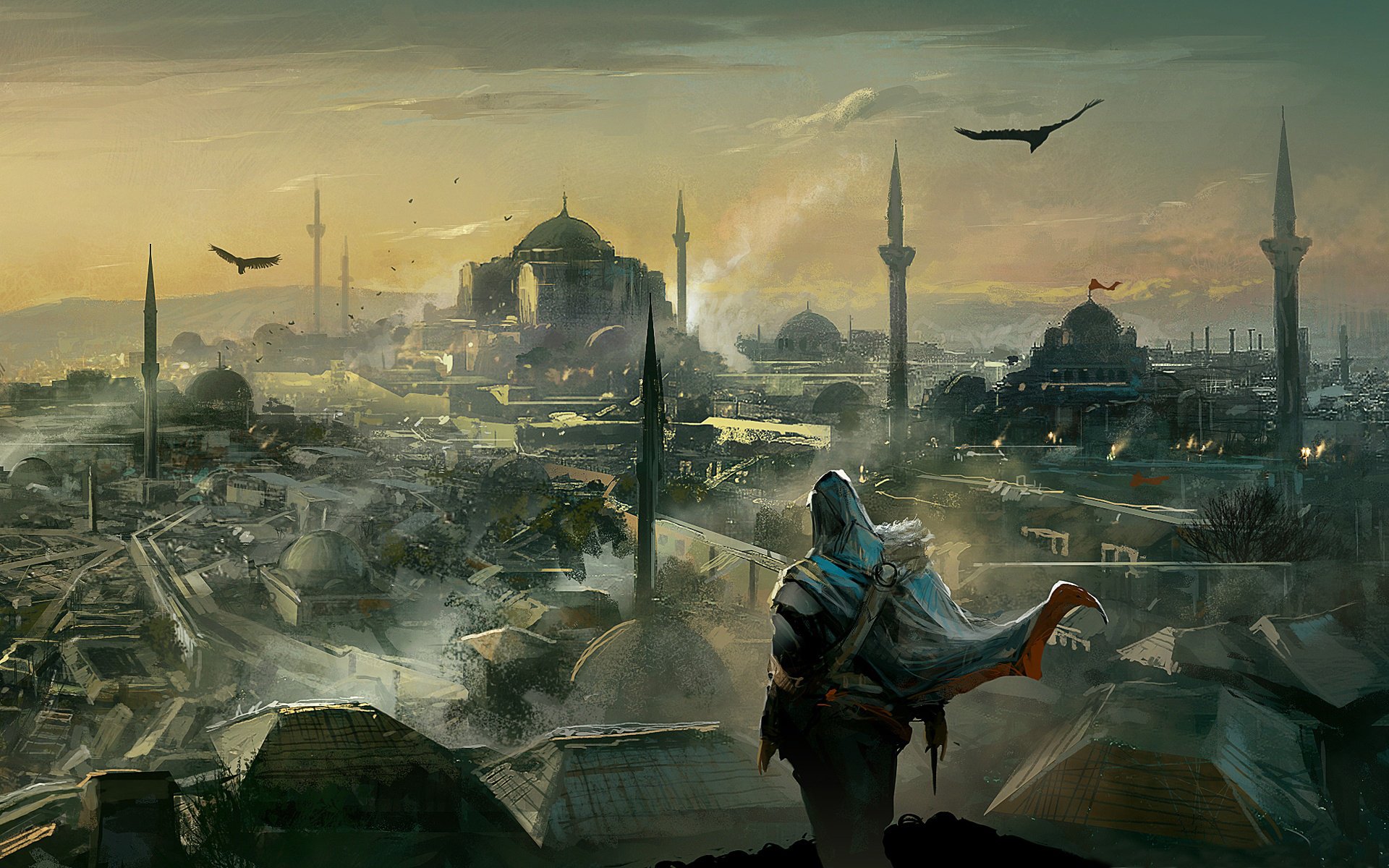 A cloaked assassin gazes over a sprawling cityscape at sunset, featuring iconic minarets and historic architecture, capturing the essence of the Assassin's Creed video game series.