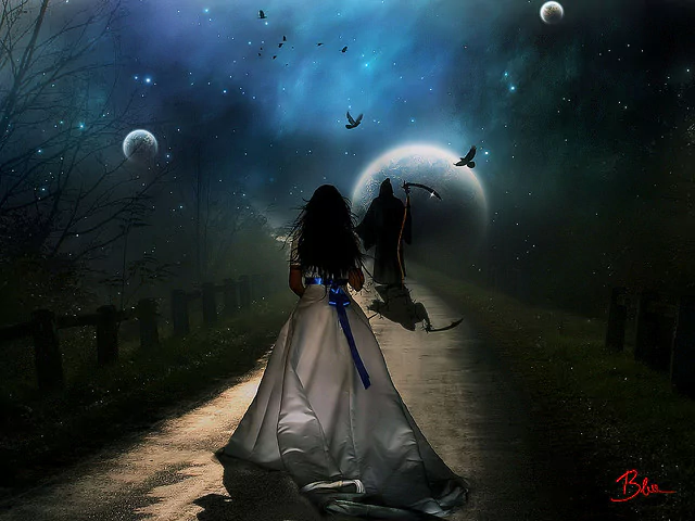 A dark, atmospheric scene shows a woman in a white gown with a blue ribbon walking away from a grim reaper along a winding path under a starry sky and distant planets.