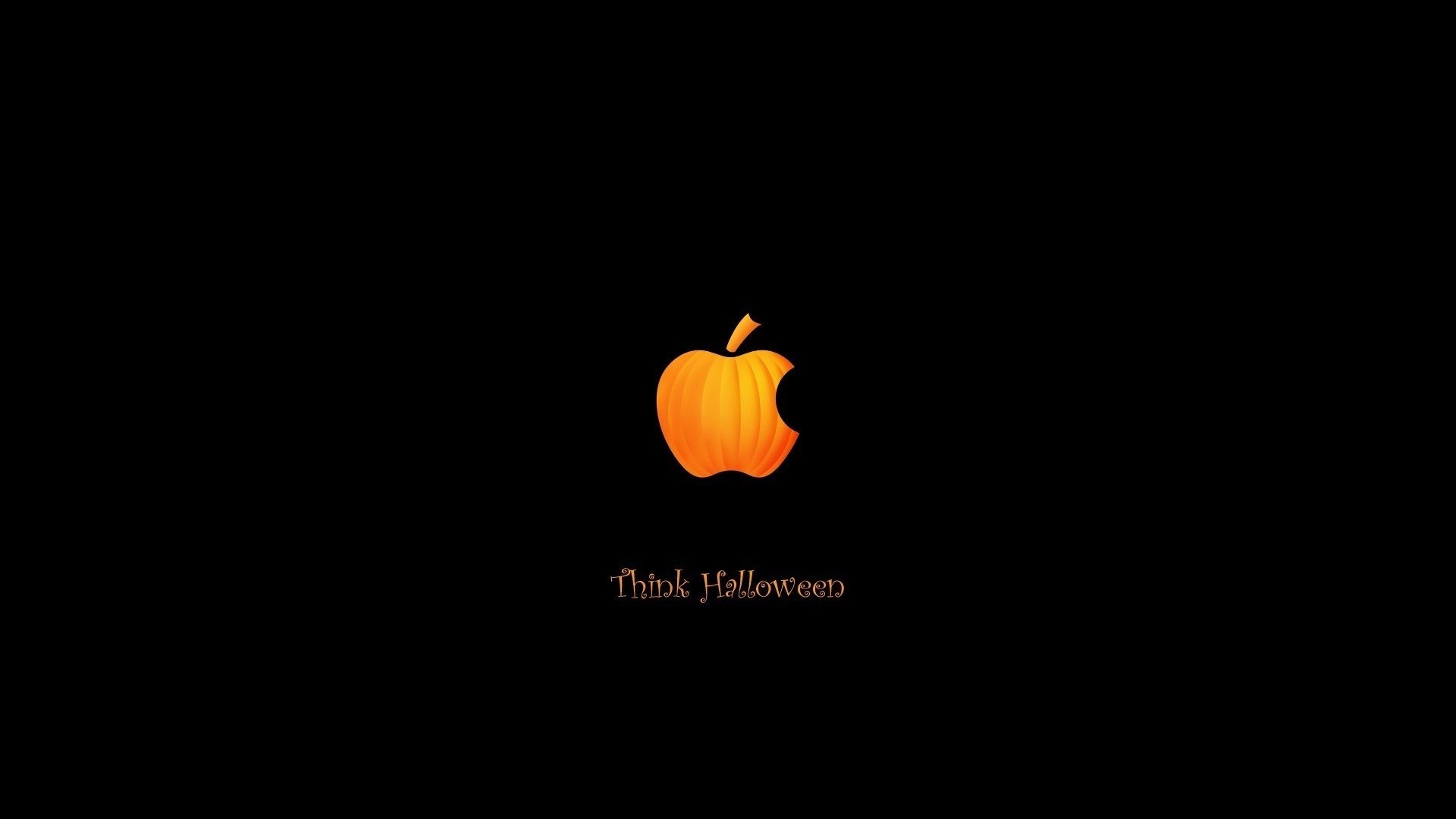 An orange Apple Inc. logo against a black background, with the phrase Think Halloween beneath it, showcasing a festive twist on the iconic brand.