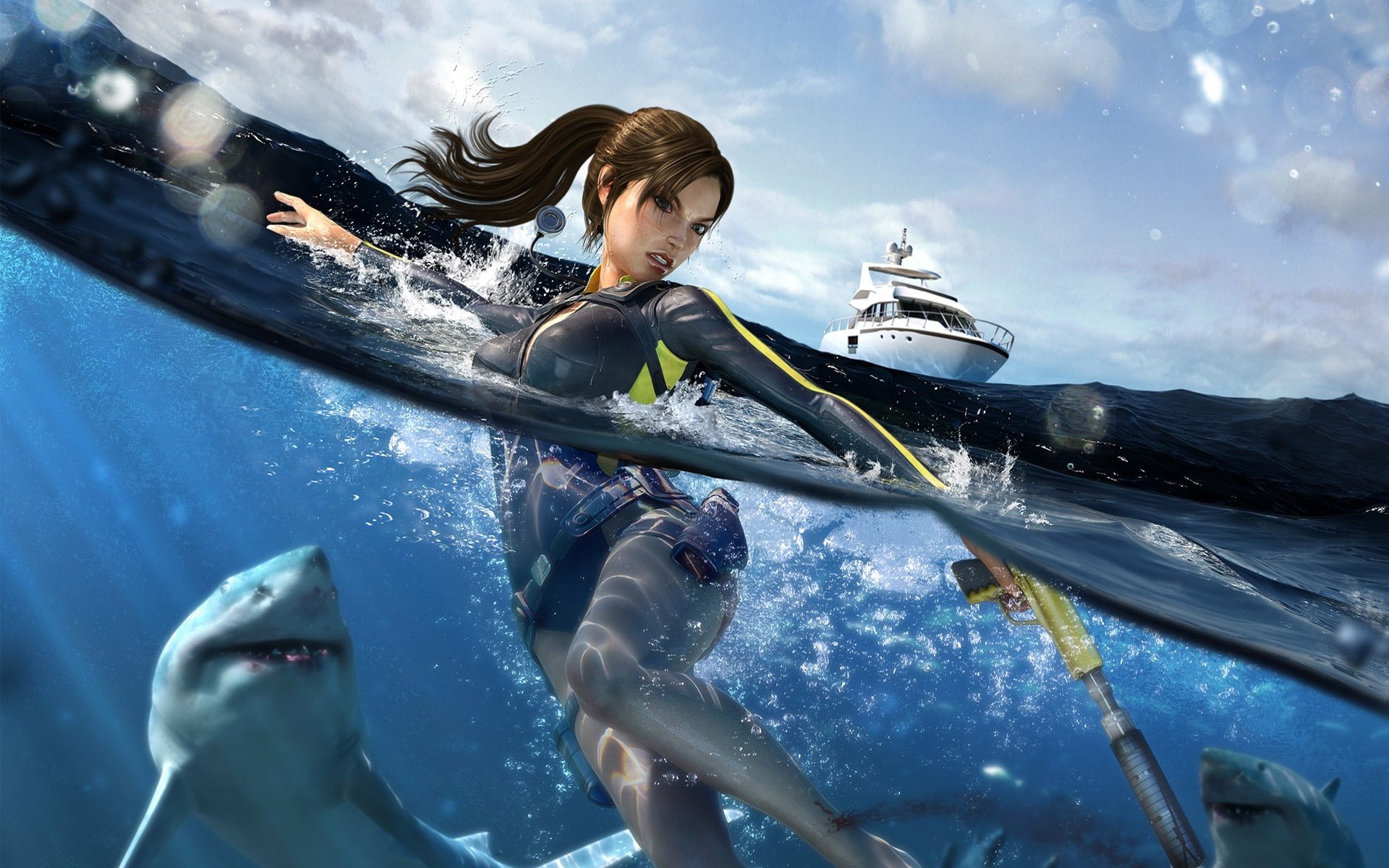 Tomb Raider — Lara Croft underwater with a spear, evading a shark while a yacht floats on the surface above.