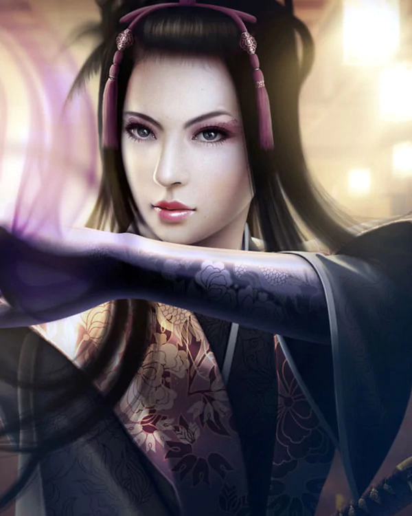 A fantasy-style warrior woman from Legend of the Five Rings, with intricate tattoos, traditional attire, and a focused, determined expression.