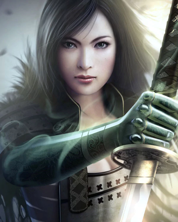 Young female samurai in a fantasy Legend of the Five Rings scene, gripping a katana, wearing lacquered armor, wind-tossed hair and a calm, determined gaze.