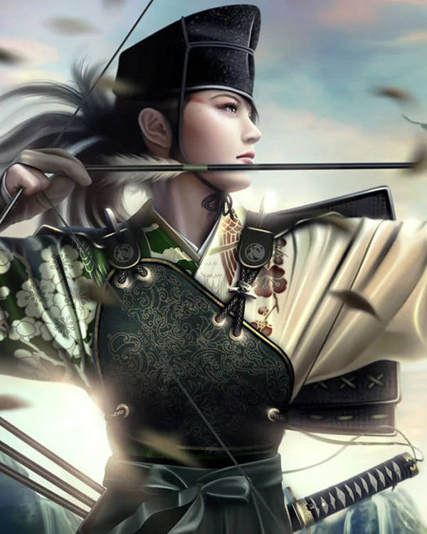 Fantasy samurai archer in ornate armor and a traditional court hat, drawing a bow amid swirling leaves, styled in the world of Legend of the Five Rings.