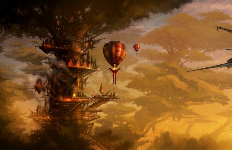 Artistic fantasy scene of a glowing tree-city—tiered wooden platforms spiraling around a giant tree, lanterns and hot-air balloons drifting through warm, golden mist.
