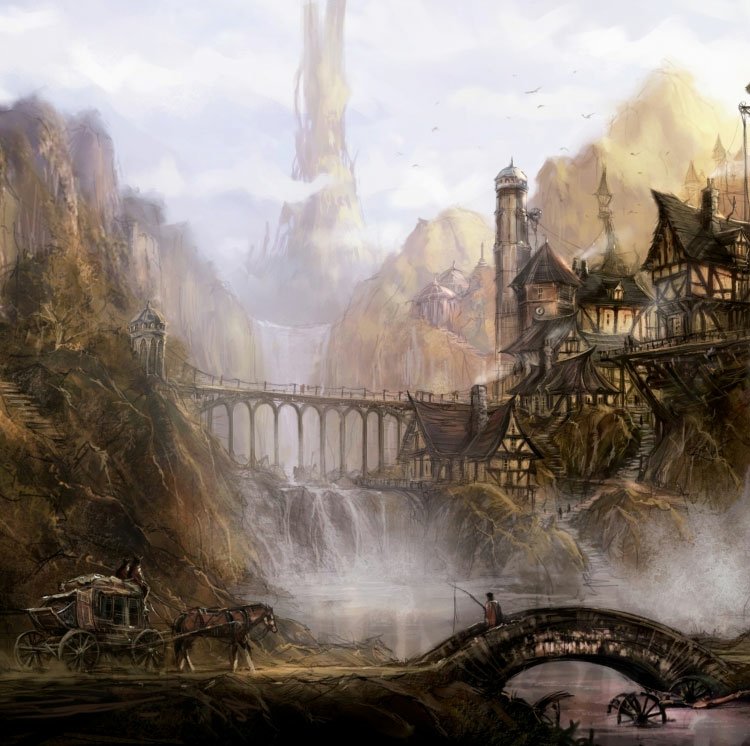 Fantasy village with timber houses, stone bridges and waterfalls beneath a distant spire — scene from the video game Fable (2004).