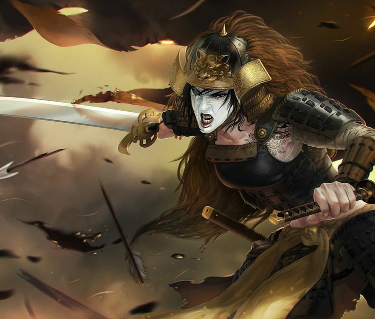 Fantasy woman warrior in ornate armor and horned helmet lunges forward, sword raised, windblown hair and tattered banners amid flying embers on a smoky battlefield.