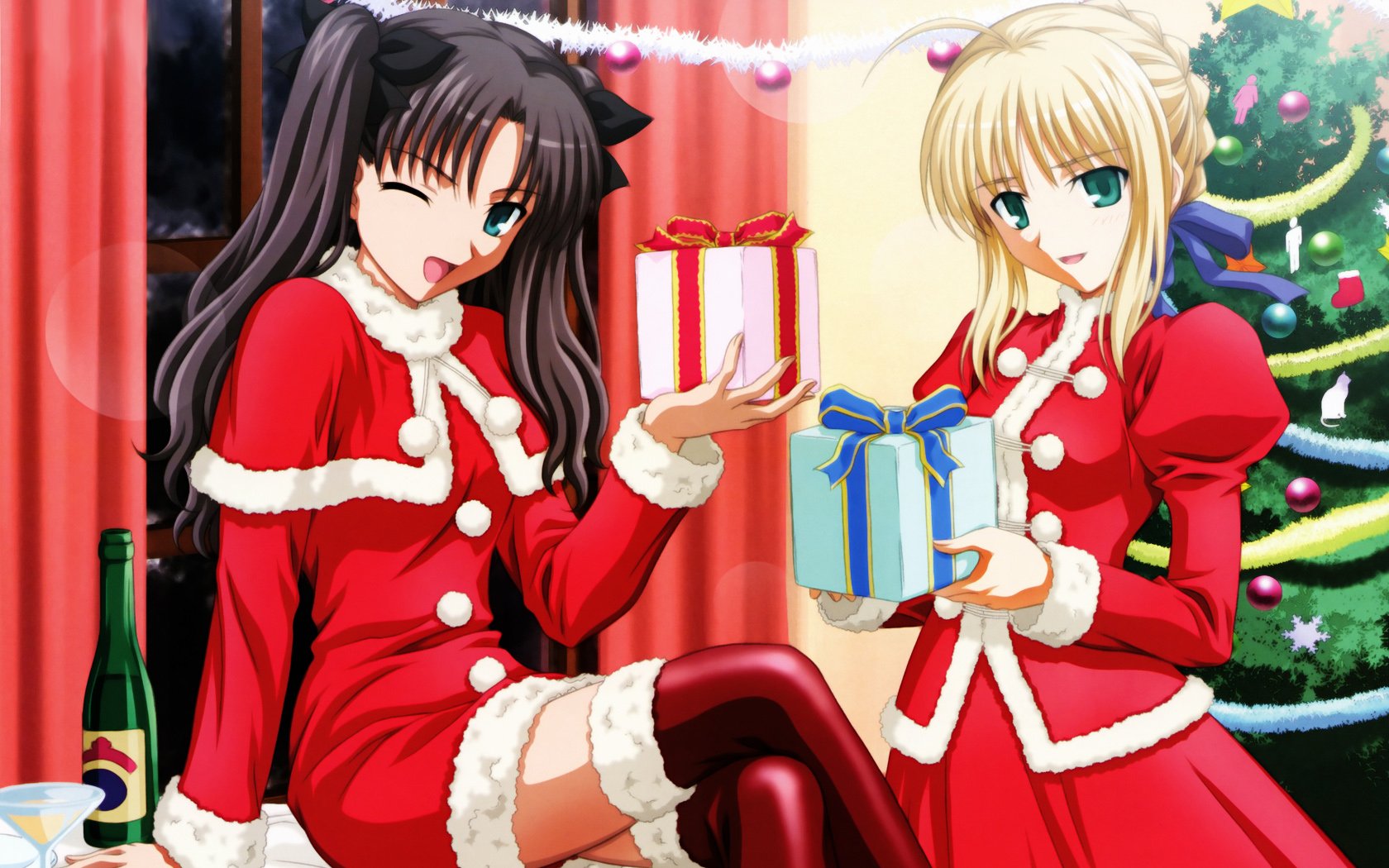Two characters in festive red outfits hold wrapped presents, set against a Christmas-themed background with a decorated tree, representing anime from Fate/Stay Night.