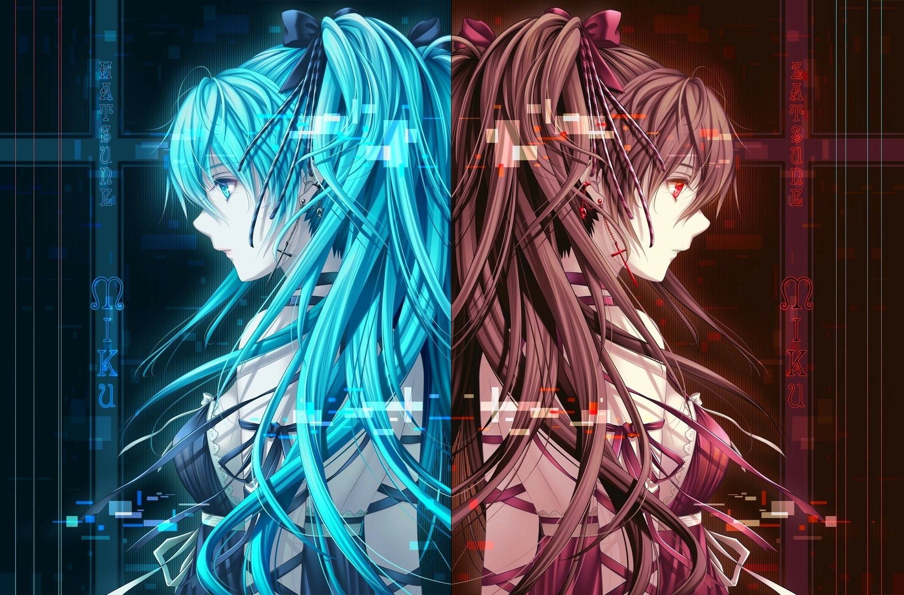 Split portrait of Zatsune Miku, an anime Vocaloid: teal-haired and crimson-tinted mirrored profiles back-to-back with glitching digital lines and circuitry.