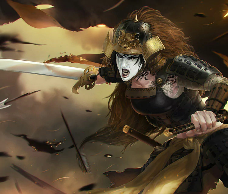 Fantasy woman warrior in ornate armor and horned helmet lunges forward, sword raised, windblown hair and tattered banners amid flying embers on a smoky battlefield.