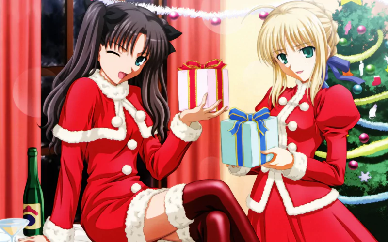 Two characters in festive red outfits hold wrapped presents, set against a Christmas-themed background with a decorated tree, representing anime from Fate/Stay Night.
