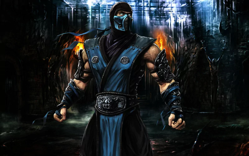 Sub-Zero from Mortal Kombat — masked blue ninja in armored sash, icy gauntlets glowing as he stands ready in a dark, ruined arena.