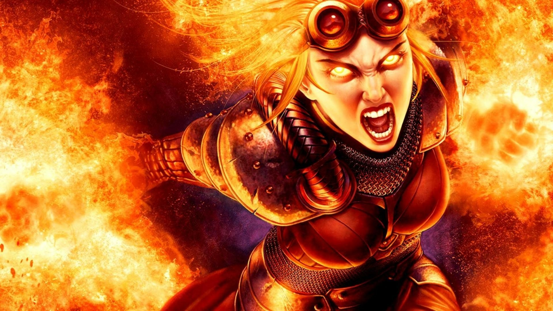 Chandra Nalaar (Magic: The Gathering) — fiery mage in goggles and armor, roaring as flames erupt around her.