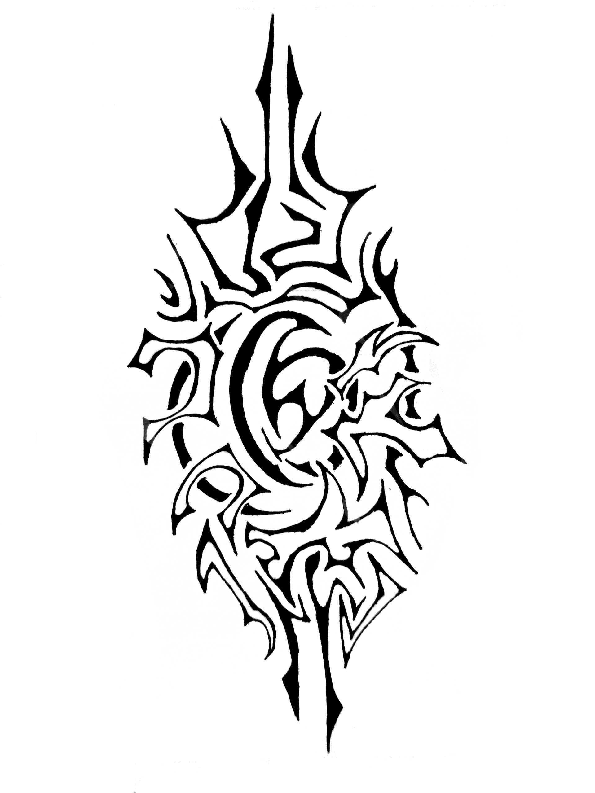 Abstract shapes — black tribal swirls and angular forms arranged symmetrically into a vertical, elongated diamond with a central swirl on white.