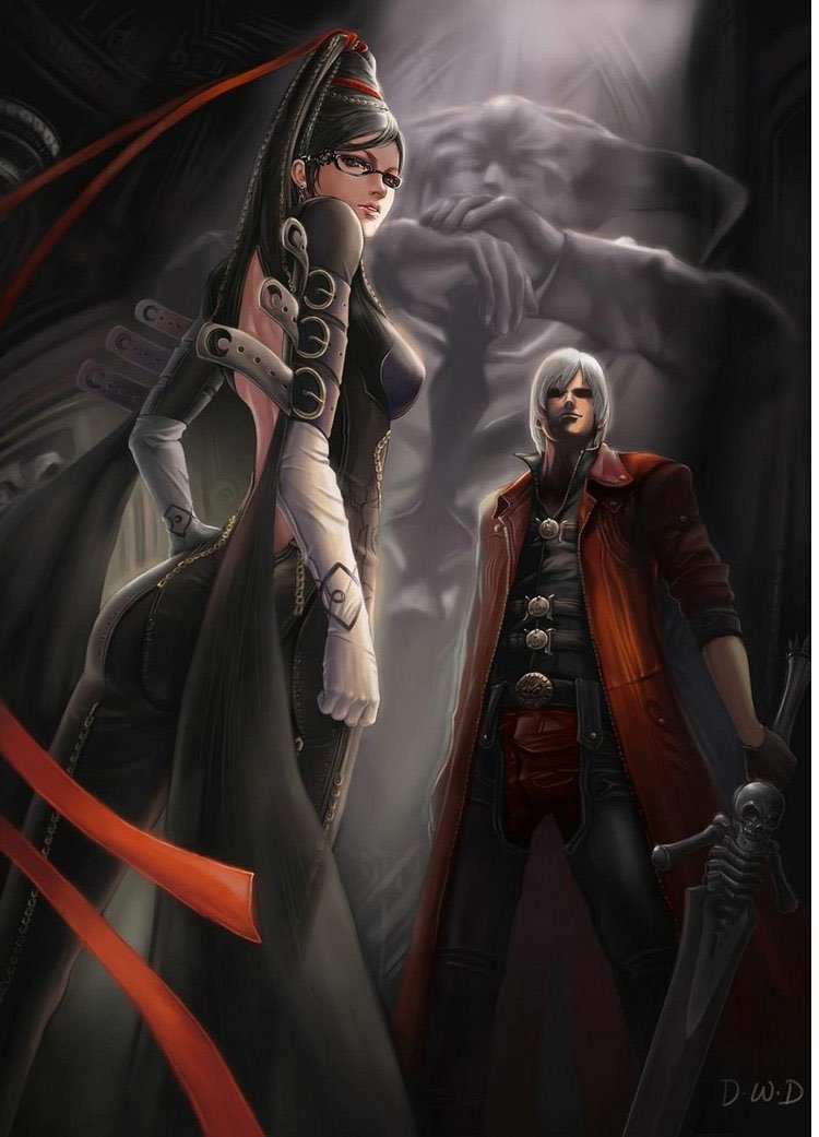 Artwork of Bayonetta and Dante from the video game Devil May Cry, featuring a dark, dramatic background with intricate character designs and strong lighting effects.