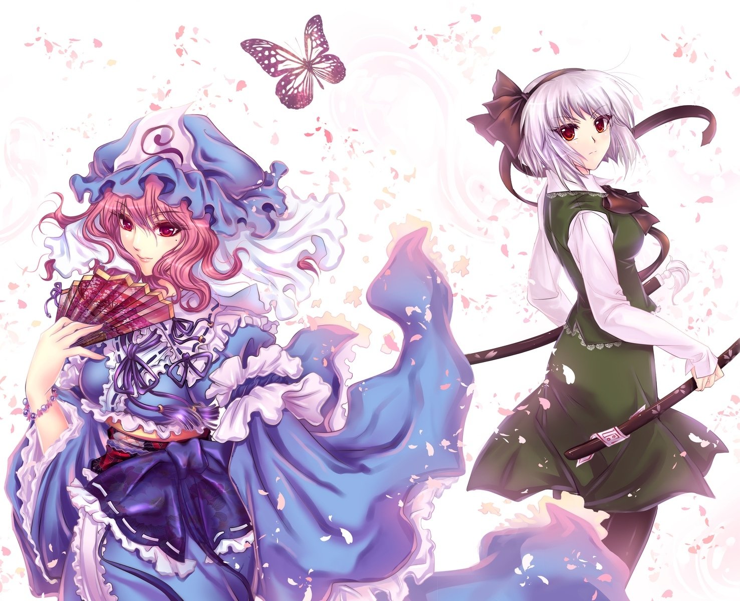 Touhou anime art: Yuyuko Saigyouji in a flowing blue kimono with a fan stands beside sword-wielding Youmu Konpaku amid falling cherry blossoms and a butterfly.