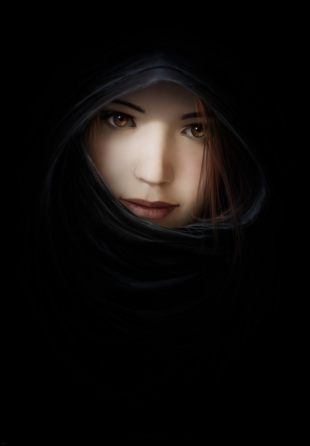 A mysterious woman with captivating eyes emerges from darkness, shrouded in a hood, embodying the essence of fantasy.