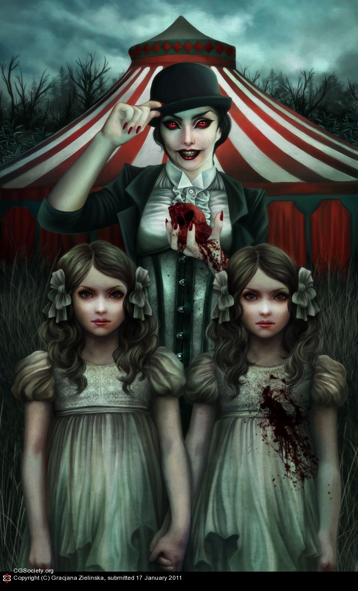 Dark woman in a bowler hat with red eyes and a bloodied hand stands behind two pale twin girls in old-fashioned dresses before a striped carnival tent.
