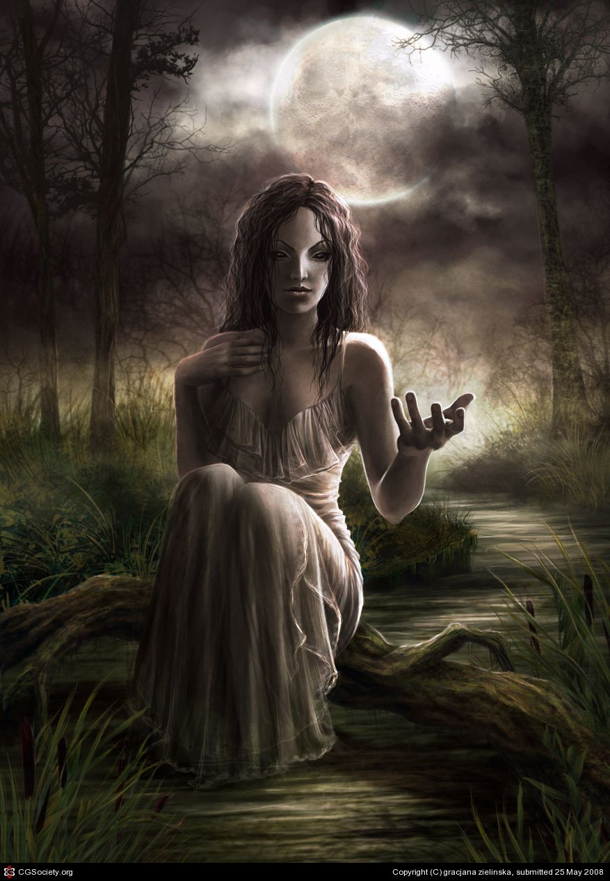 A dark, mysterious woman with flowing hair sits on a log by a misty woodland stream under a glowing full moon.