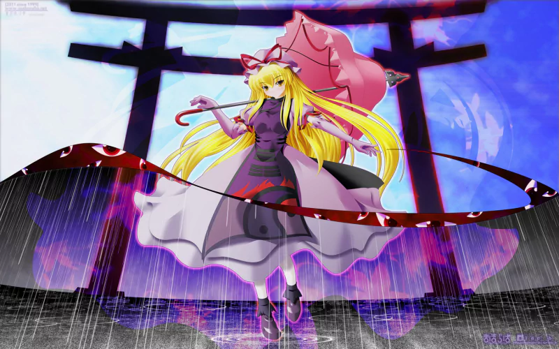 Yukari Yakumo from Touhou in anime style: long blonde hair, purple dress and frilled parasol, floating before a torii gate with gap-like, rippling energy surrounding her.