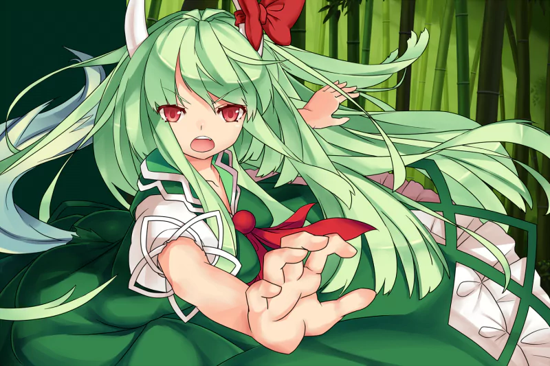 Anime-style illustration of Keine Kamishirasawa from Touhou, depicted with long green hair and red eyes, reaching forward against a bamboo forest background.