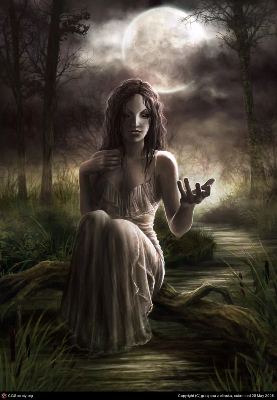 A dark, mysterious woman with flowing hair sits on a log by a misty woodland stream under a glowing full moon.