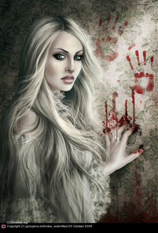 A dark, eerie portrait of a woman with long blonde hair, pale skin, and intense eyes, pressing her bloodied hand against a wall smeared with red handprints.