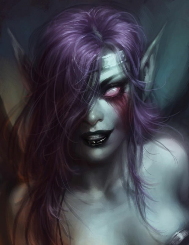 Digital artwork of a sinister, pale-skinned character with purple hair and glowing eyes from the video game League of Legends, featuring dark, haunting colors and sharp details.