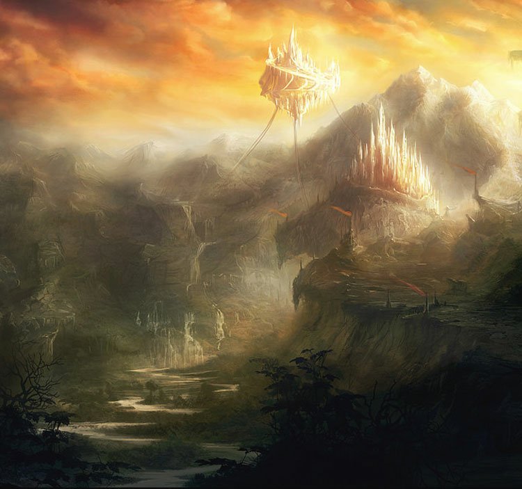 Artistic fantasy scene: misty valley and winding river below jagged mountains crowned by glowing spire-cities, one floating fortress hovering beneath a fiery golden sky.