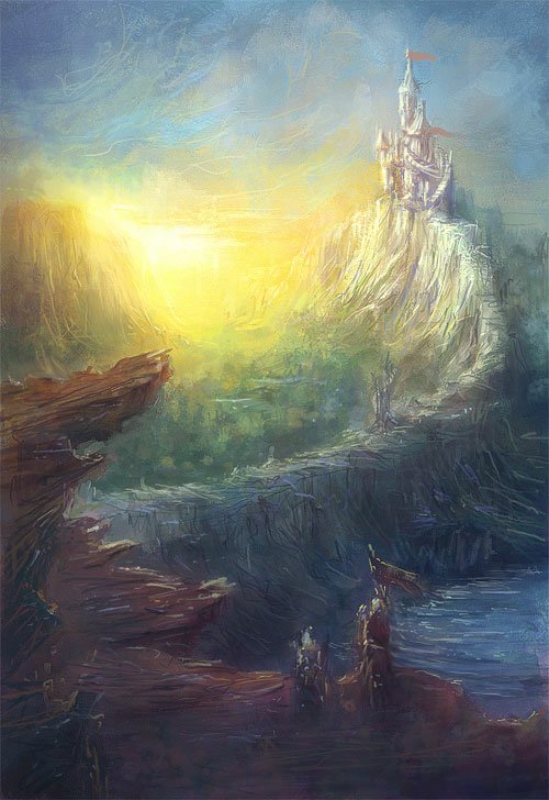 Artistic fantasy painting of a sunlit cliff-top castle with a red flag, glowing sky, misty valley below and small travelers approaching a river.
