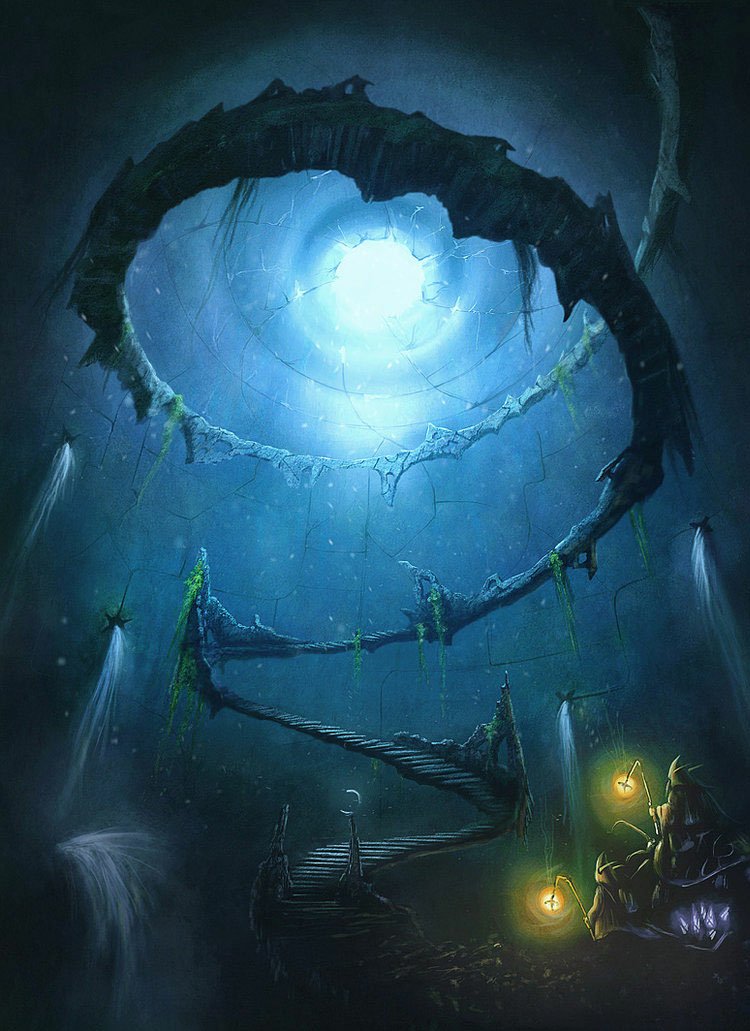 A mystical spiral staircase ascends toward a glowing blue light in a dark, fantasy-inspired underground cavern, with ethereal figures holding lanterns nearby.
