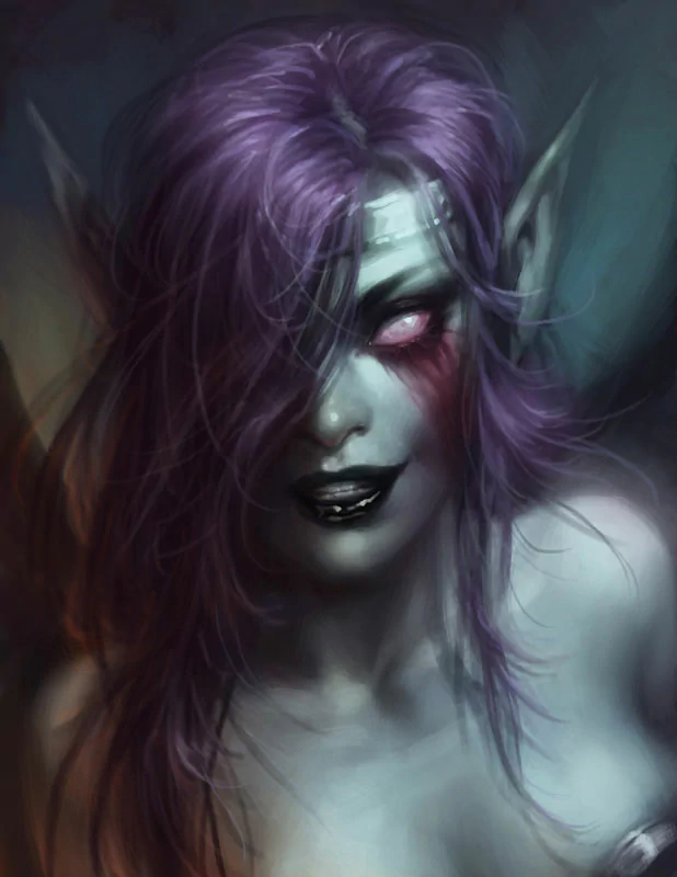 Digital artwork of a sinister, pale-skinned character with purple hair and glowing eyes from the video game League of Legends, featuring dark, haunting colors and sharp details.