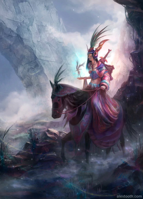 A fantasy woman in a feathered headdress and flowing robes rides a dark horse through misty mountains, clutching a glowing staff as ethereal light and magic swirl around them.